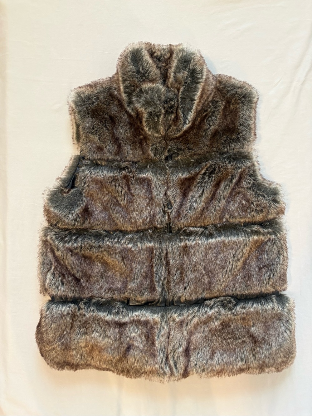 Dennis Basso Faux Fur Vest M Brown Gray High Collar Luxe Mob Wife